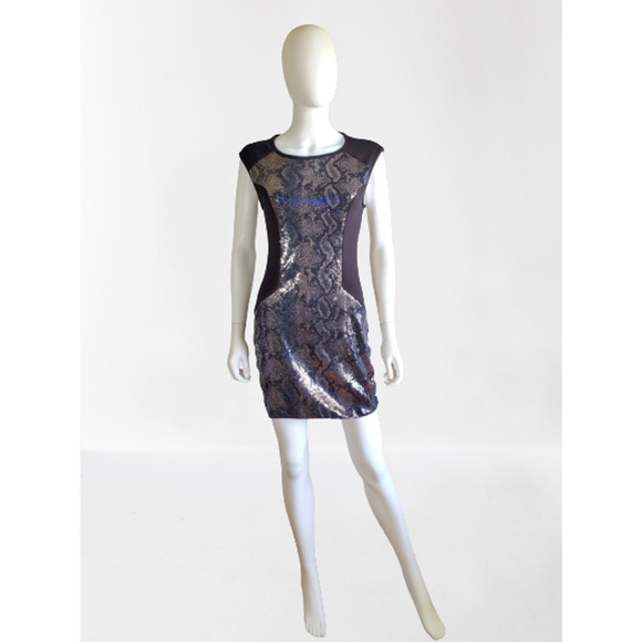 Available, Women's Black Mini Body-Con Sequin Snake Dress, Size: Small, New - Picture 1 of 9